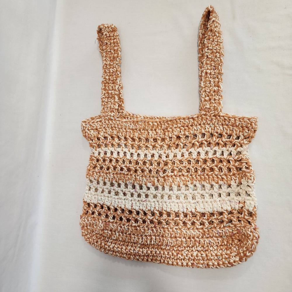 Handmade Crochet Market Tote Bag Orange Cream Striped Open Doubke Knit Shoulder